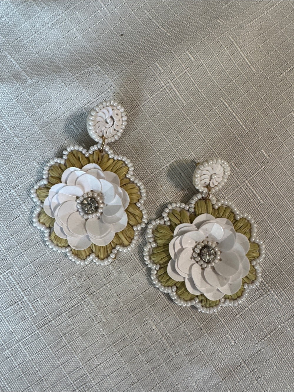J. Crew White and Olive Floral Drop Earrings